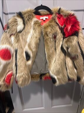 Kids Faux Fur Statement Jacket in Tan, Red & Black